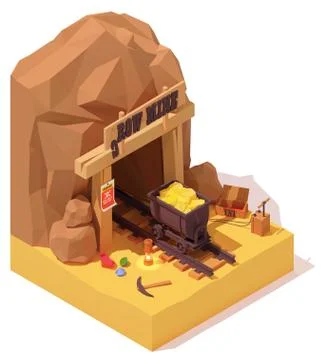 Vector isometric old gold mine and mine cart Stock Illustration