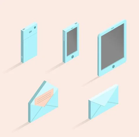 Vector isometric phone, mobile tablet, opened and closed envelope. Stock-Illustration