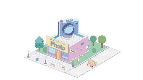 Vector isometric photo processing and printing shop building with photo studio Ilustración de archivo