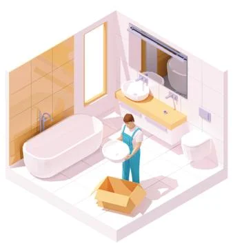 Vector isometric plumber installing sink Stock Illustration