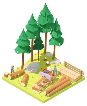 Vector isometric portable sawmill in forest Stock Illustration