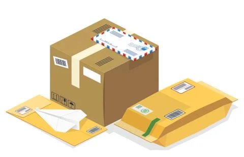Vector isometric postal parcels, mails Illustrazione stock