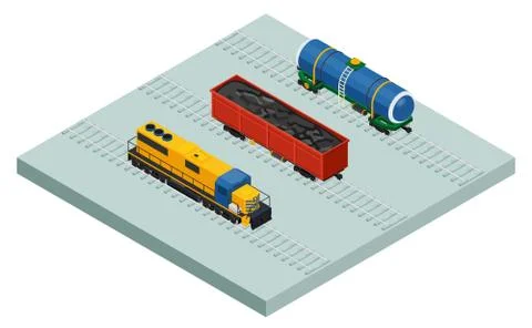 Vector isometric railroad cargo trains and cars icon set Stock Illustration
