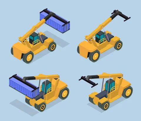 Vector isometric reach stacker. Front and back sides of container loader. Stock Illustration