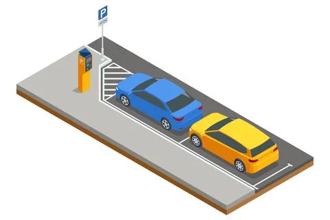 A vector isometric representation of a parking zone with two cars parked side-by Stock Illustration