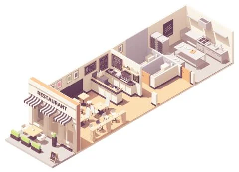 Vector isometric restaurant interior cross-section Stock Illustration