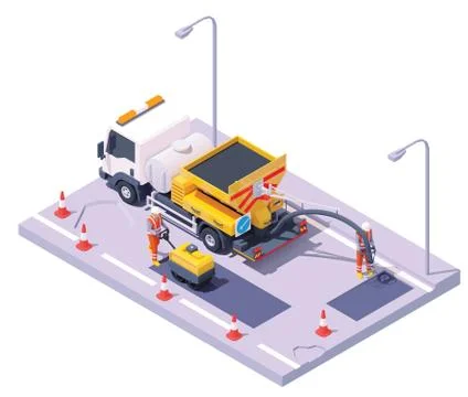 Vector isometric road potholes spray injection repair Stock Illustration
