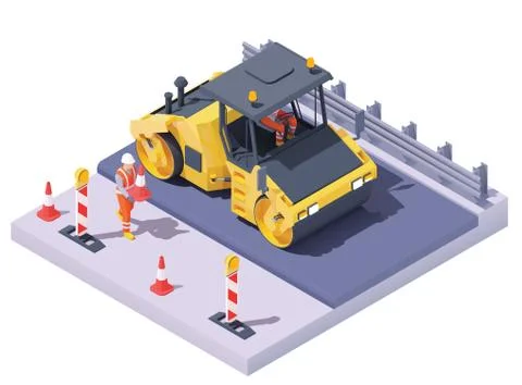 Vector isometric road roller at road construction site Stock Illustration