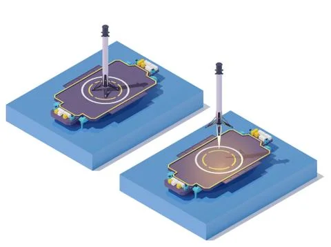 Vector isometric rocket landing on barge Stock Illustration