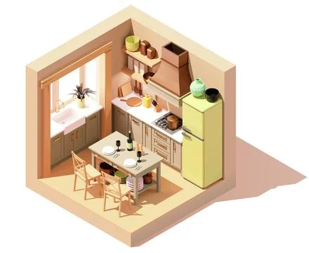 Vector isometric rustic kitchen room Stock Illustration