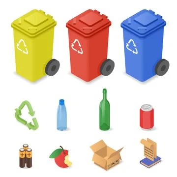 Vector isometric set of waste sorting cans. Stock Illustration
