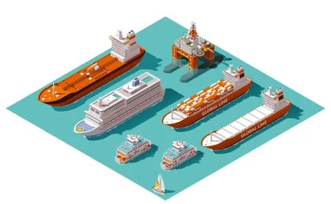 Vector isometric ships and oil rig Stock Illustration