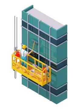 Vector isometric skyscraper windows cleaning Stock Illustration