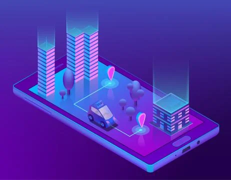 Vector isometric smart taxi app for smartphone Ilustración de archivo