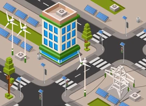 Vector isometric solar wind energy city street Stock Illustration
