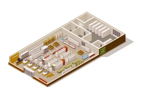 Vector isometric supermarket cutaway Stock Illustration