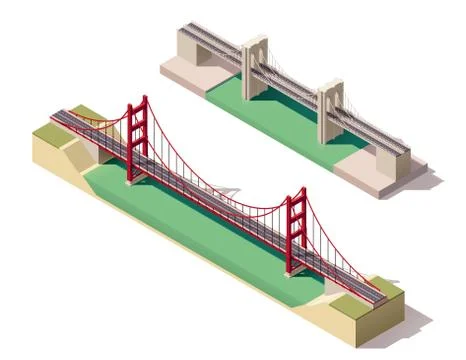 Vector isometric suspension bridge Stock Illustration