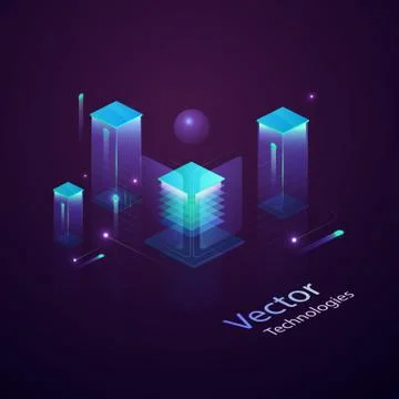 Vector isometric technology. Glowing energy sources on the motherboard. Stock Illustration