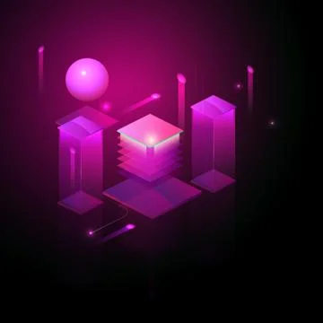 Vector isometric technology. Glowing energy sources on the motherboard. Stock Illustration