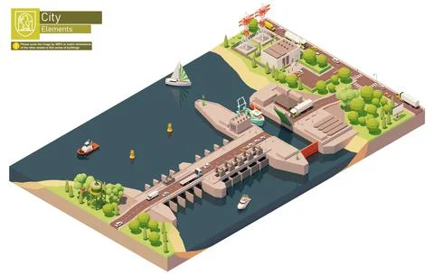 Vector isometric tidal power plant or station Stock Illustration