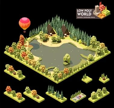 Vector isometric town map elements. Lake resort Stock Illustration
