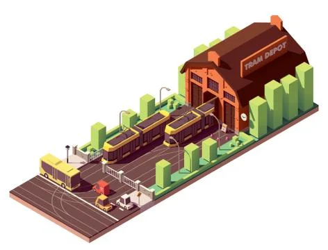 Vector isometric tram depot building Stock Illustration