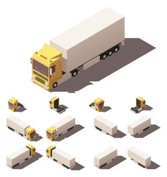 Vector isometric truck with box semi-trailer icon set Stock Illustration