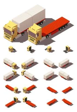 Vector isometric truck with container semi-trailer icon set Stock Illustration