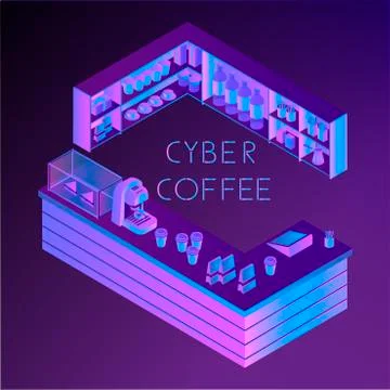 Vector isometric ultra violet cyber coffee house counter. Web banner, app icon Stock Illustration