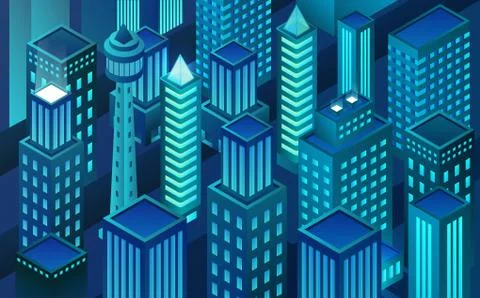 Vector isometric virtual reality city. Block chain city. Skyscrapers in night. Stock Illustration