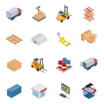 Vector isometric warehouse and logistics equipment Stock Illustration