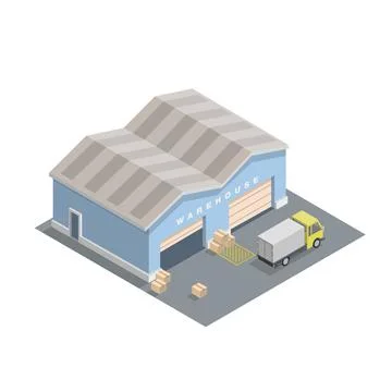 Vector isometric warehouse building with cargo car and boxes. Logistic storage. Stock-Illustration