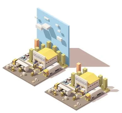 Vector isometric warehouse building icon with trucks loaded by forklifts Stock Illustration