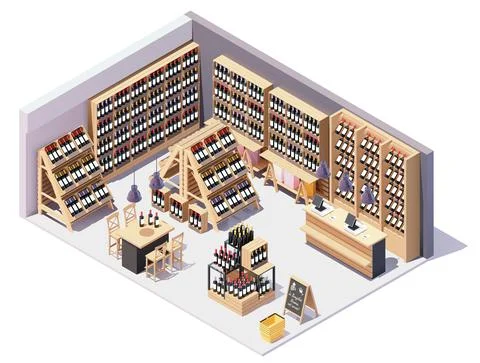 Vector isometric wine shop interior Stock Illustration