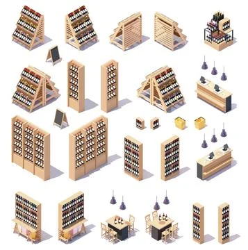 Vector isometric wine shop showcase displays and equipment Stock Illustration