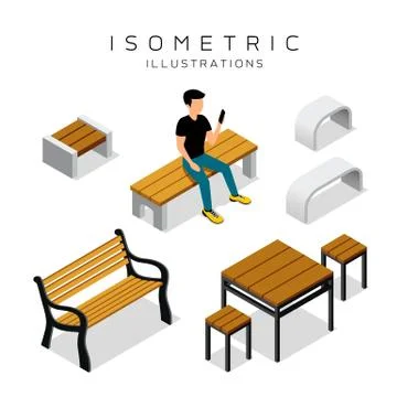 Vector isometric wooden bench collection with man shirt black Stock Illustration