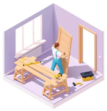 Vector isometric worker at door installation Stock Illustration
