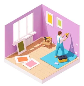 Vector isometric worker drilling wall Stock Illustration