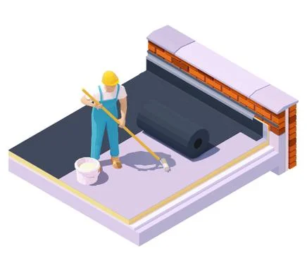 Vector isometric worker at flat roof insulation Stock Illustration
