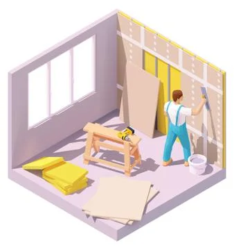 Vector isometric worker plastering wall Stock Illustration