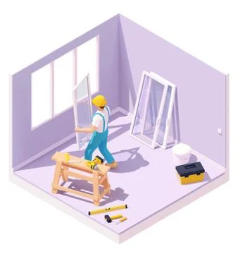 Vector isometric worker at windows installation Illustrazione stock