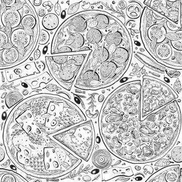 Vector Italian pizza seamless pattern. Hand drawn vintage illustrations. Ital Stock Illustration