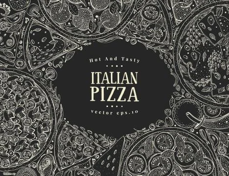 Vector Italian pizza top view frame on chalk board. A set of classic Italian Stock Illustration