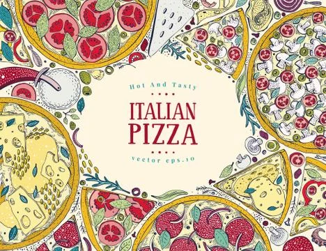 Vector Italian pizza top view colorful frame. A set of classic Italian food Stock Illustration