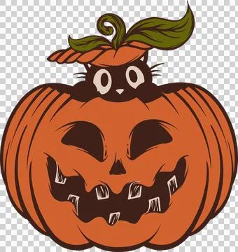 Vector jack-o'-lantern showing black cat head poking through pumpkin lid, Stock Illustration