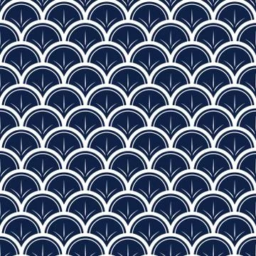 Vector Japanese waves with lines on blue background repeat seamless pattern. Stock Illustration