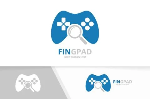 Vector joystick and loupe logo combination. Gamepad and magnifying symbol or Stock Illustration