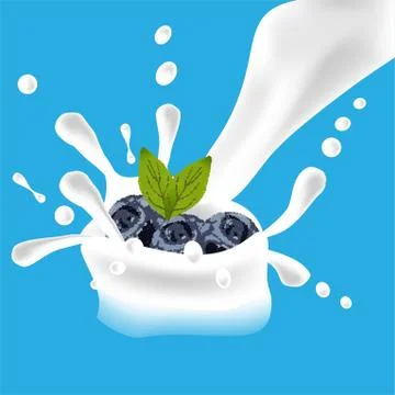 Vector juicy wave, flowing liquid. Splashing milk. Vector fluid. Blueberries  Stock Illustration