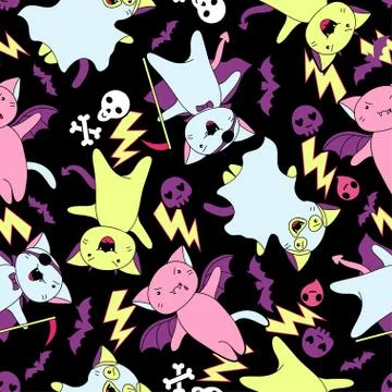Vector kawaii pattern of Halloween cats and creatures Illustrazione stock