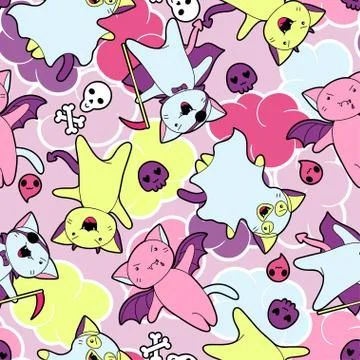 Vector kawaii pattern of Halloween cats and creatures 库存插图